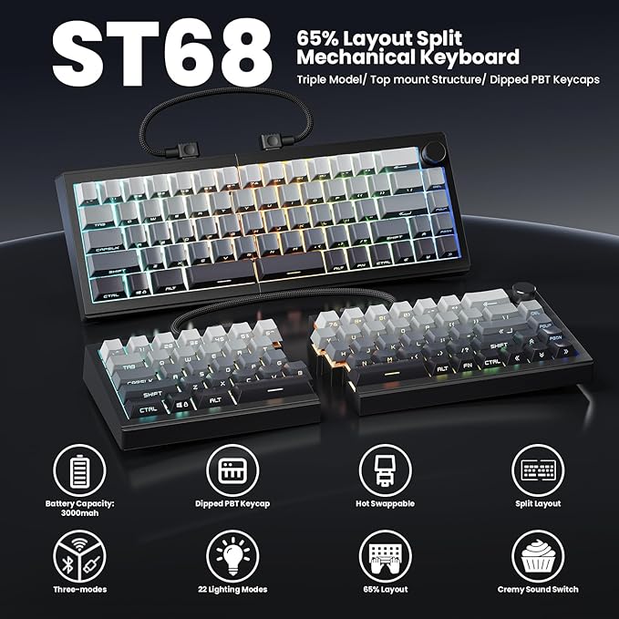 ZORNHER ST68 Ergonomic Split Keyboard,65% Wireless Gaming Keyboard with Knob,65% Black Hot-Swappable Mechanical Keyboards for Win/Mac,Linear Switches,RGB Backlit
