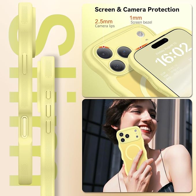 BENTOBEN Magnetic for iPhone 17 Pro Case, Cute Wavy Full Camera Protection [Compatible with MagSafe] Matte Anti-Slip Bumper Women Girls Boys Protective Cover for 17 Pro 6.3", Yellow