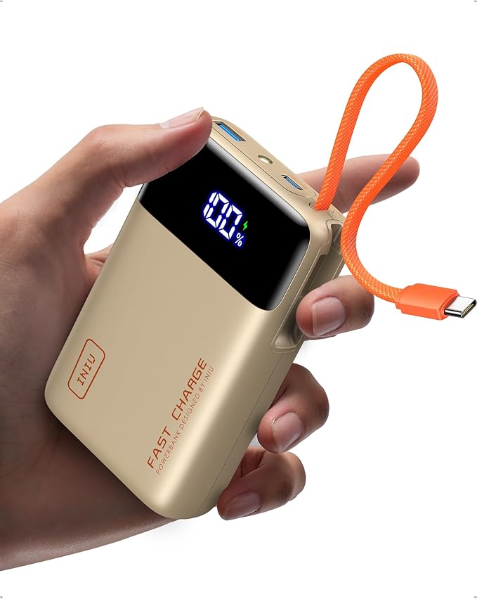 INIU 20000mAh Power Bank, Smaller 45W PD Fast Charging Portable Charger, Battery Pack with Build in USB C Cable, Travel Phone Flight-Safe Powerbank for iPhone 17 16 Samsung S26 Google iPad, Beige
