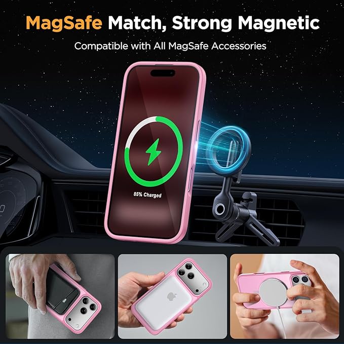 Miracase Magnetic for 17 Pro Case 6.3" with Screen Protector, [Compatible with MagSafe] Military-Grade Protection, Anti-Fingerprint, Slim Thin Phone Case for 17 Pro Cover, Mes Pink