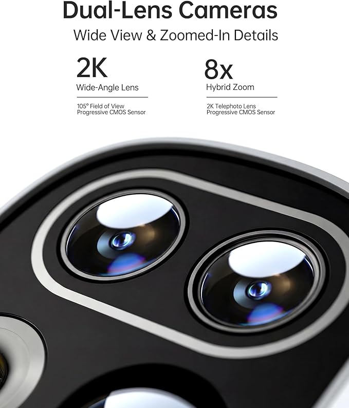 Solar Security Cameras Wireless Outdoor 2-Pack with NVR, Dual-Lens 4K (2K+2K) PTZ Camera System, AI Human & Vehicle Detection, Color Night Vision, WiFi Remote Viewing, No Monthly Fee (CWS01)
