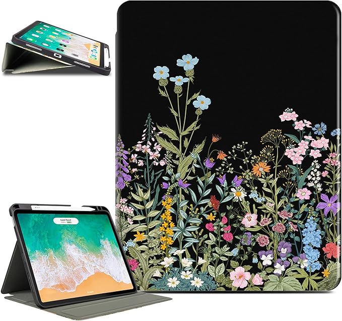 for iPad Air 11 Inch Case M4/M3/M2 2026, for iPad Air 5Th/4Th Gen Cases 10.9-inch,for iPad Pro 11 Inch Case 4Th/3Rd/2Nd/1St Generation Typing Stand 4 Viewing Stand,Pencil Holder, Black Flower