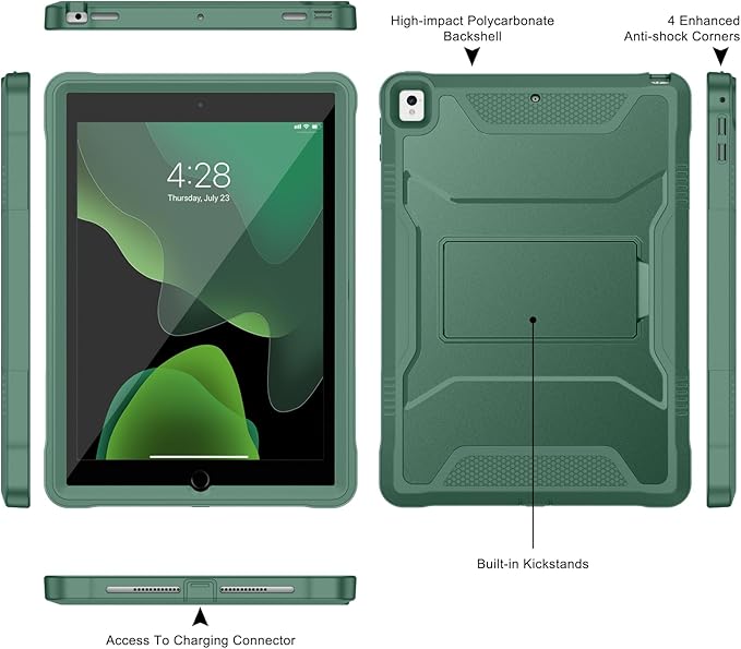 Soke Case for iPad 6th/5th Generation 9.7 Inch 2018/2017,with Built-in Screen Protector and Kickstand, Rugged Full-Body Heavy Duty Protective Cover for Apple iPad Air 2 /Pro 9.7 - Midnight Green