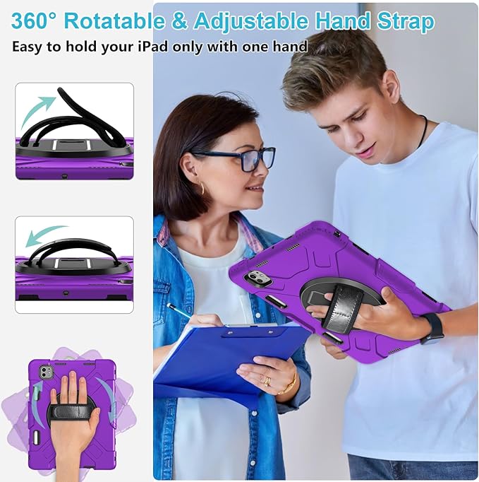 Case for iPad Pro 11 M5 2025/ M4 2024: Protective Cover for iPad Pro 11 Inch 5th Generation with Screen Protector- Stand- Handle- Shoulder Strap- Pencil Holder-Black+Purple