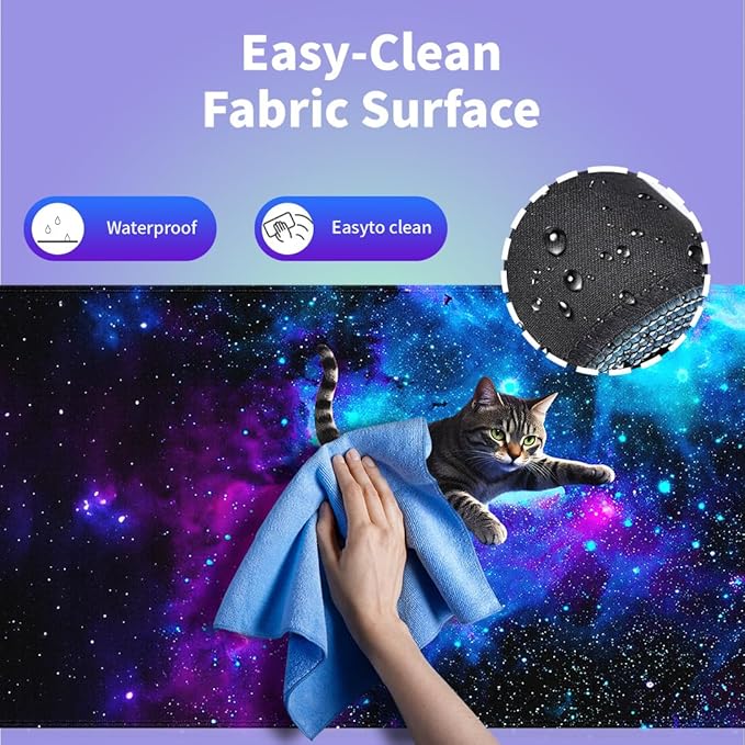 Large Gaming Mouse Pad (31.5" x 15.8") - Cute Flying Space Cat Funny Lovely Kitten Playing Blue Purple Galaxy Nebula, Extra XXL Extended Office Accessories, Premium Stitched Anti-Slip Desk Mat
