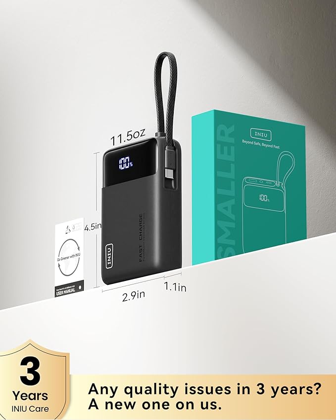 INIU 20000mAh Power Bank, Smaller 45W PD Fast Charging Portable Charger, Battery Pack with Build in USB C Cable, Travel Phone Flight-Safe Powerbank for iPhone 17 16 Samsung S26 Google iPad, Black