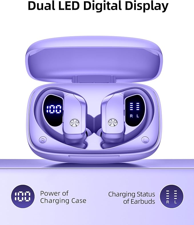bmanl Wireless Earbuds Bluetooth Headphones Over Ear Hooks Ear Buds with 80H Playtime, LED Power Display, Dual Mic Clear Calls, Sports Wireless Ear Buds Bluetooth Earbud for Running Gym Workout Purple
