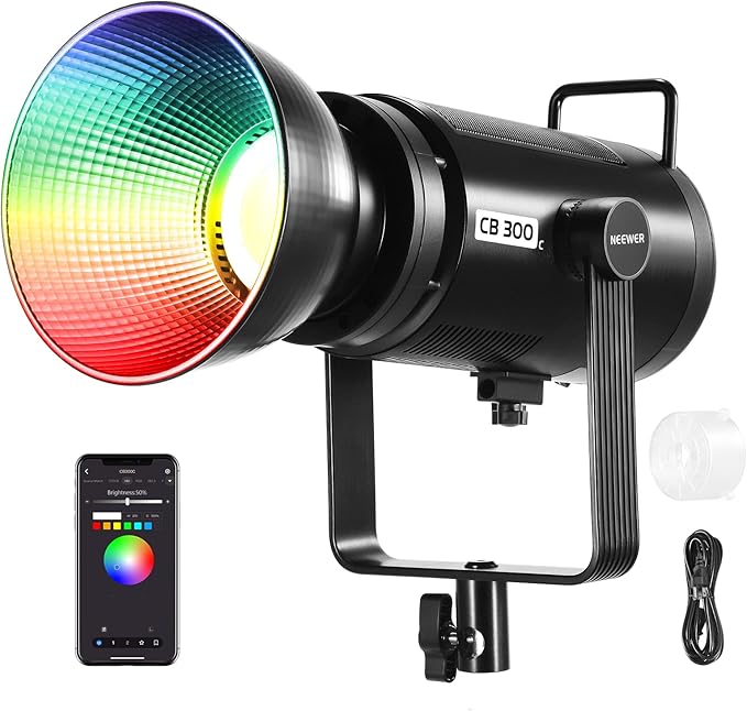 NEEWER CB 300C RGB LED Video Light with Reflector, 300W, APP/2.4G Control, 17 Scenes 29600Lux/1m 2500-7500K CRI97+/TLCI97+ Full Color Bowens COB Continuous Output Lighting Dimmable for Studio Filming