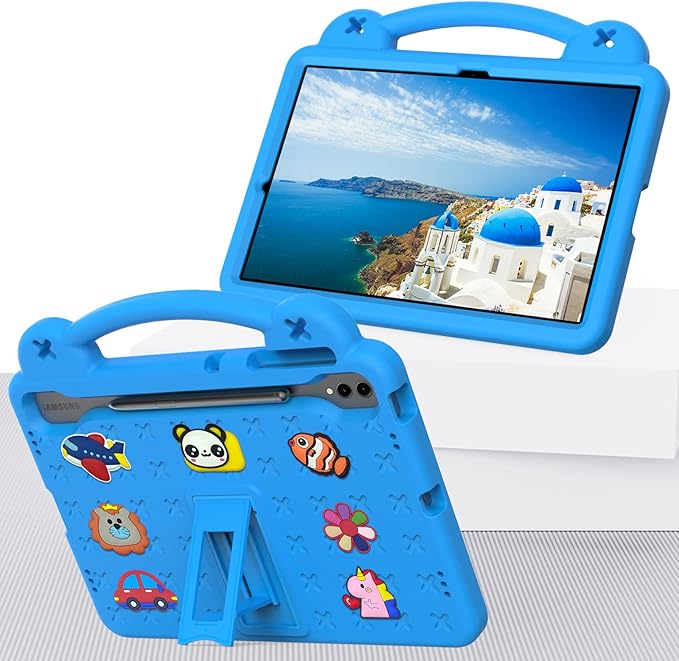 AKABEILA Compatible with Samsung Galaxy Tab S7 FE 12.4(2021)/Tab S7 Plus(2020)/Tab S8 Plus(2022) 12.4/Tab S9 Plus(2023) 12.4 Tablet Case, Stand Handle & Pen Tray for Girl Kid Gift Sky Blue