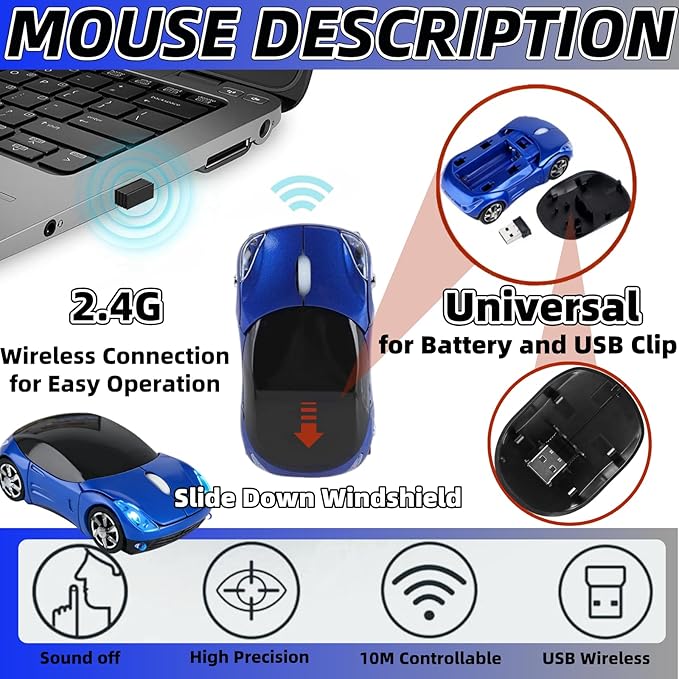 Blue Wireless Mouse，Mini Car Computer Mouse，1600DPI 2.4G with USB Receiver, Ergonomic Cute Computer Mice for Laptop, PC, Windows, Mac OS (Blue)