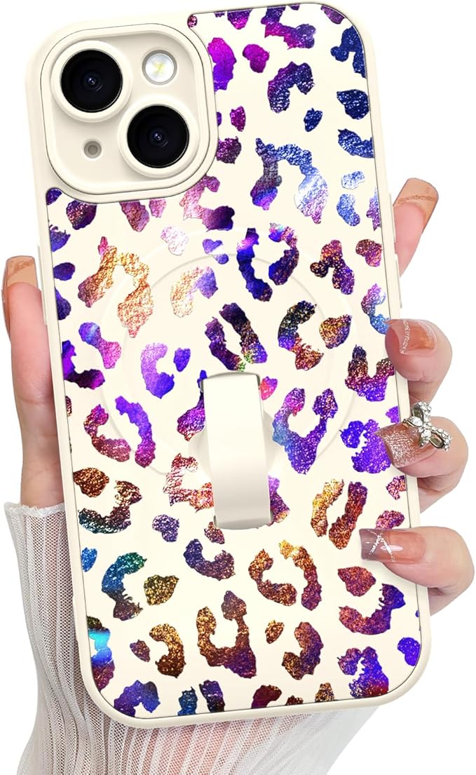 KANGHAR Compatible with iPhone 15 Case, Support for MagSafe, Silicone Cute Iridescent Leopard Cheetah Pattern, Wristband Kickstand Shockproof Protective Slim Cover for Women Girls, White