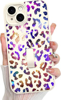 KANGHAR Compatible with iPhone 15 Case, Support for MagSafe, Silicone Cute Iridescent Leopard Cheetah Pattern, Wristband Kickstand Shockproof Protective Slim Cover for Women Girls, White