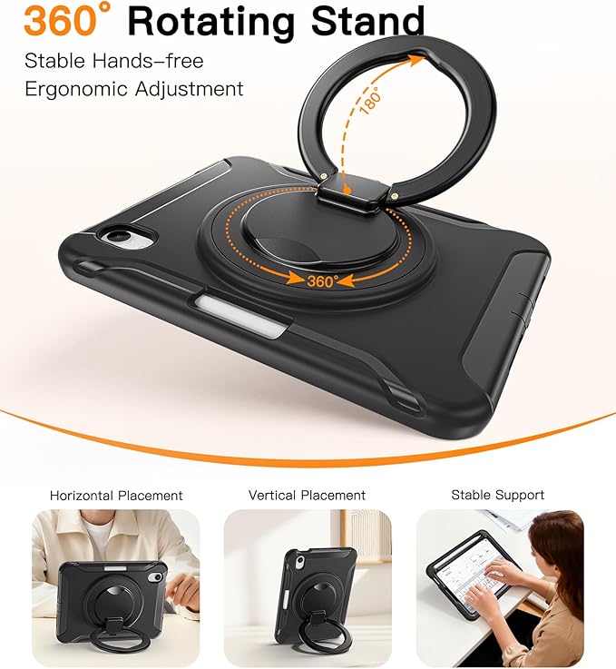 BATYUE Shockproof Case for iPad mini 7 (A17 Pro)/ Mini 6 8.3 inch (2024/2021) - 360° Multi-Angle Stand (Portrait & Landscape) & Grip, Built-in Pencil Holder, Black