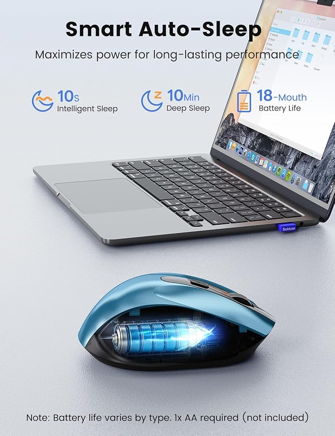 SABLUTE Wireless Mouse for Laptop, Blue Computer Mouse with USB-A&USB-C Receiver, Office Cordless Mice with 6 Buttons & 3 Level DPI for Small to Medium Hands, Works with PC, Desktop, Tablet M21