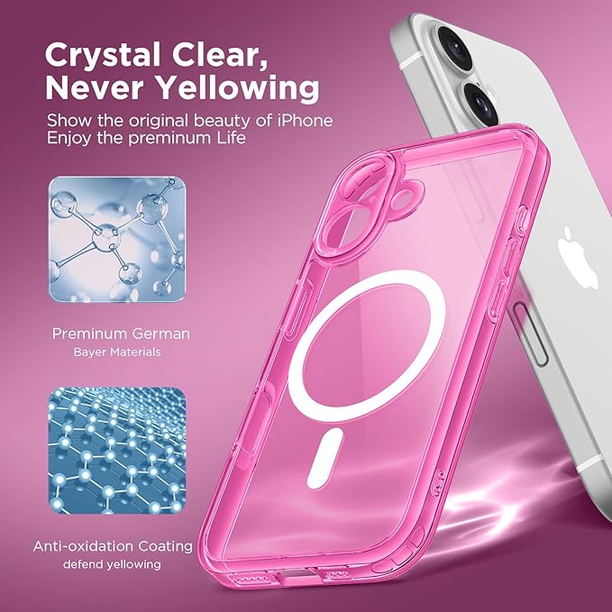 CAPRARO Magnetic Compatible with iPhone 16 Case, Upgraded [Full Camera Protection] [Compatible with MagSafe] Protective Translucent Matte Women Girl Phone Case Cover, Clear Neon