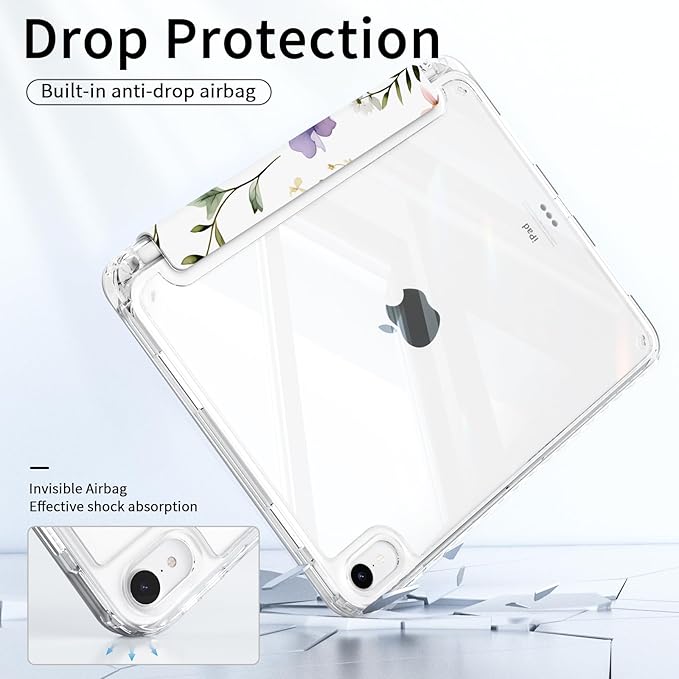 Trifold Case for iPad 10th Generation 10.9 Inch 2022 with Pencil Holder, iPad 11th Generation A16 Case 11 inch 2025, Shockproof Clear Back Cover, Auto Sleep, Purple Floral