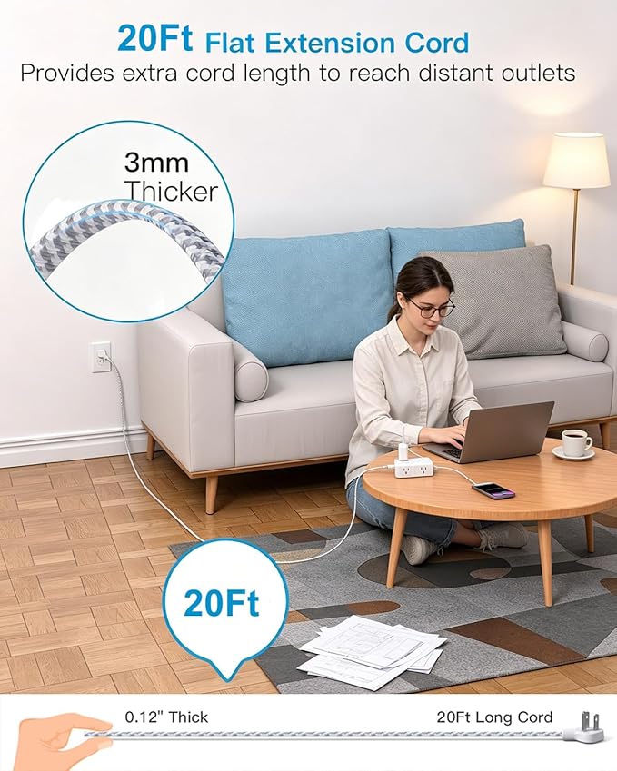 Extension Cord 20 Ft, One Beat Surge Protector Power Strip 20 Ft Long Cord, 8 AC Outlets with 4 USB Ports(2 USB C), White Power Strip for Home Office College Dorm Room, Desk Essentials