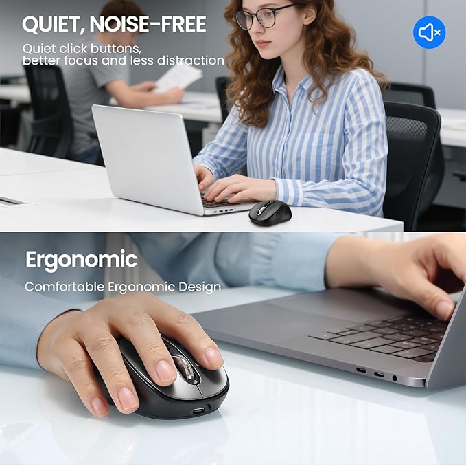 Wireless Bluetooth Mouse,Multi Device Ergo Computer Mouses,Metal 4-Way Super Scrolling,± 3200 DPI,10 Buttons,Plug&Play,Quiet,Rechargeable,USB Cordless Mice for Laptop,Tablet,Mac,iPad,PC,Phone (Grey)