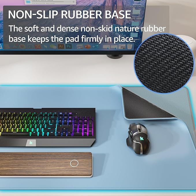 KTRIO Large Gaming Mouse Pad Desk Mat, Superior Micro-Weave Cloth, Non-Slip Rubber Base, Stitched Edges, Water-Resistant, for Gamer, Office & Home, 31.5 x 15.7 Inch，Ice Blue