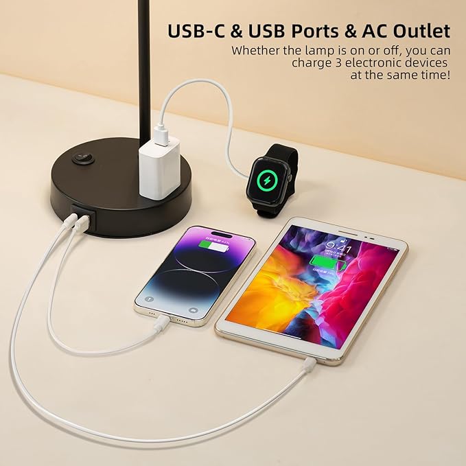 Industrial Table Lamp with Remote Control for Stepless Dimmer & Temperatures, Bedside Lamp with USB C+A Ports and AC Outlet, Flexible Head-Desk Lamp for Bedroom, Living Room, Office (Black)