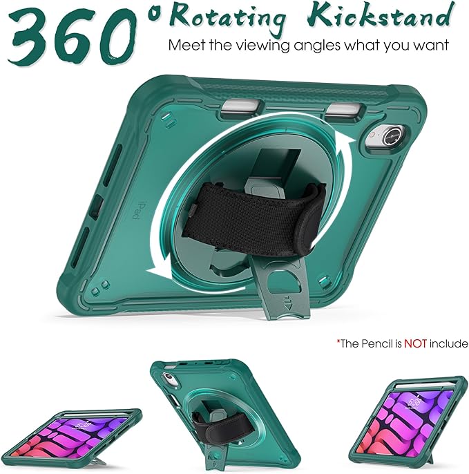 BRAECNstock Case for iPad mini 7 (A17 pro) 2024 & Mini 6 2021 8.3-inch,Shockproof Protective Cover with Pencil Holder,Screen Protector,360° Rotating Hand Strap/Stand-Midnight Green