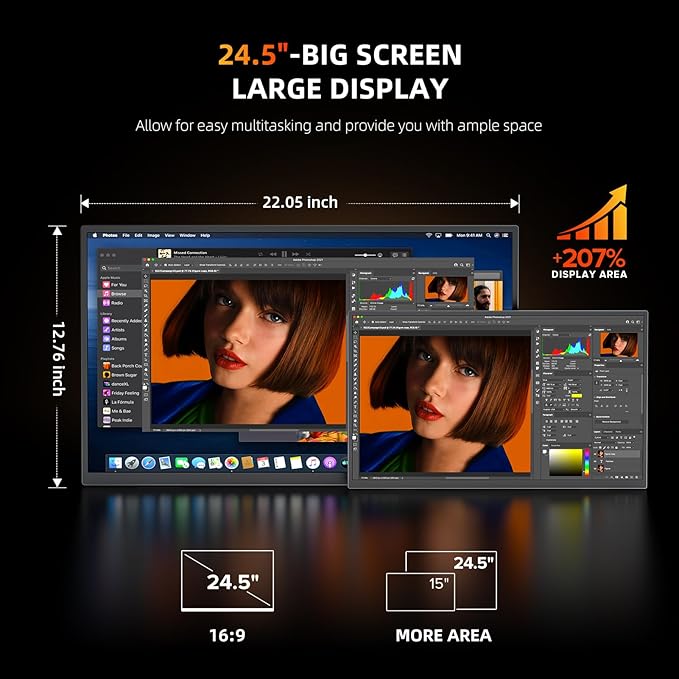 UPERFECT 24.5" Portable Monitor 240Hz Gaming Monitor 2000:1 Contrast FreeSync 0.1ms Fast IPS Large Screen, Built-in 180° Adjustable Stand/VESA, USB-C HDMI Second Screen for Laptop, Phone, Game Console
