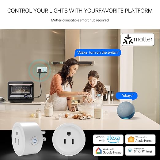 Matter Smart Plug, Smart Plugs Work with Alexa 10A Smart Outlet, 100% Privacy Smart Home, Support Google Home, APP Voice Control, SmartThings, 2.4G Wi-Fi Only