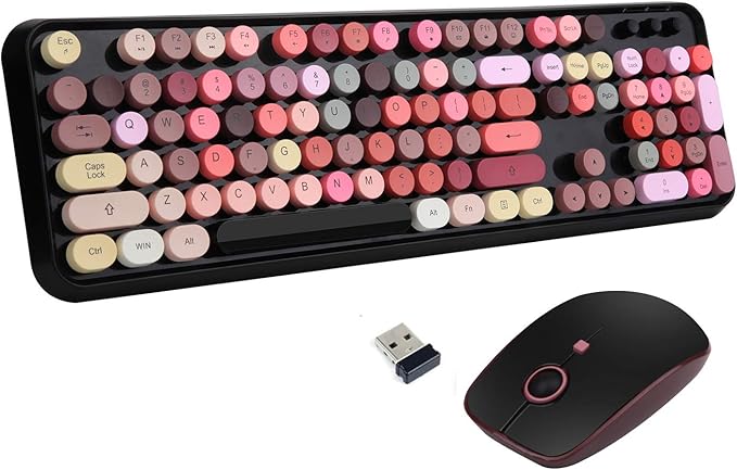 Colorful Keyboard and Mouse Wireless, Retro Lipstick Typewriter Style Keyboard with 104 Round Keys, 2.4Ghz Cute Aesthetic Cool Full Size Keyboard with Number Pad for PC Laptop Desktop Computer-Black