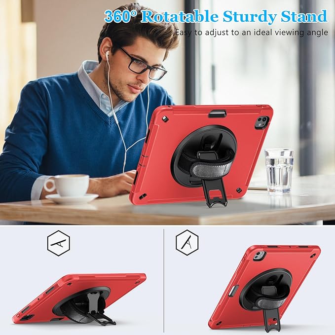 Case for iPad Pro 13 Inch M5 2025/ M4 2024: Military Grade Cover for iPad Pro 13" with Screen Protector - Stand - Handle - Shoulder Strap - Pencil Holder- Red
