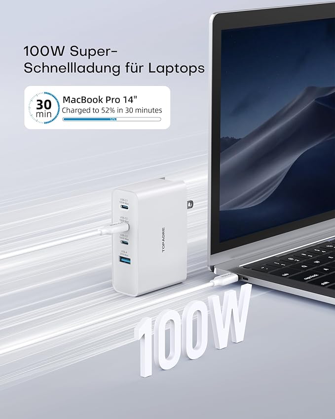 Topadre 100W USB C Travel Charger, 4-Ports Foldable Travel Adapter Plug Converter with UK/EU/AU Plugs,Fast Charging for Macbook Pro/Air,for iPad Pro/iPhone 16/15 Pro Max, for 45w Samsung Galaxy, White