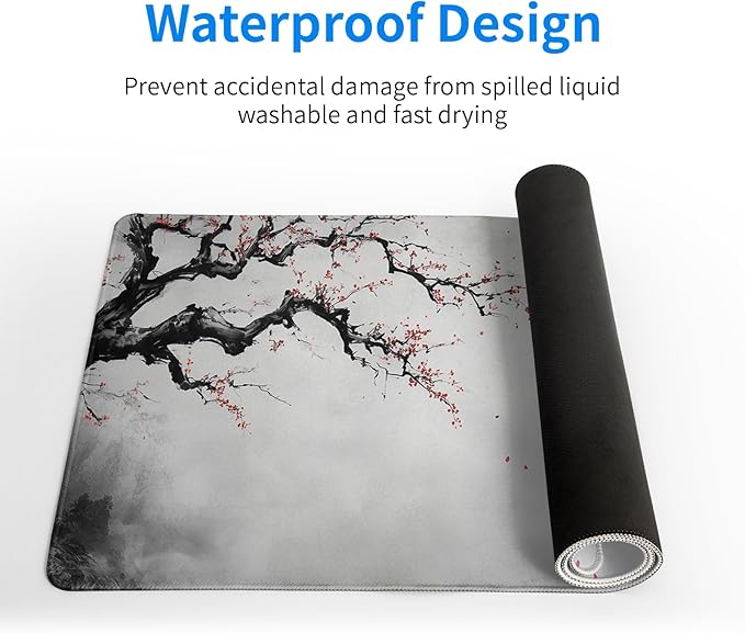 Watercolor Cherry Blossom Mouse Pad 31.5x11.8 Inch Full Desk Japanese Mousepad Large Non-Slip Rubber Base Waterproof Keyboard Mat with Stitched Edges for Gaming （Cherry Blossom Watercolor 1）