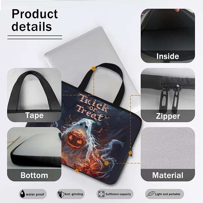 12 Inch Halloween Scary Ghost Laptop Sleeve, Protective Laptop Case Tote Bag for Halloween Decor, Computer Cover with Zipper Men Women Handbag Tablet Carrying Case for Business/School