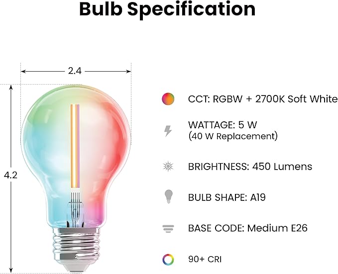 Feit Electric Smart LED Light Bulb, 40W Eq, Color Changing, Dimmable, Works with Alexa & Google Home, Wi-Fi Enabled, Straight Filament Glass Design, 90+ CRI, 15,000-Hour Lifetime, A1940/CL/RGBW/FIL/AG