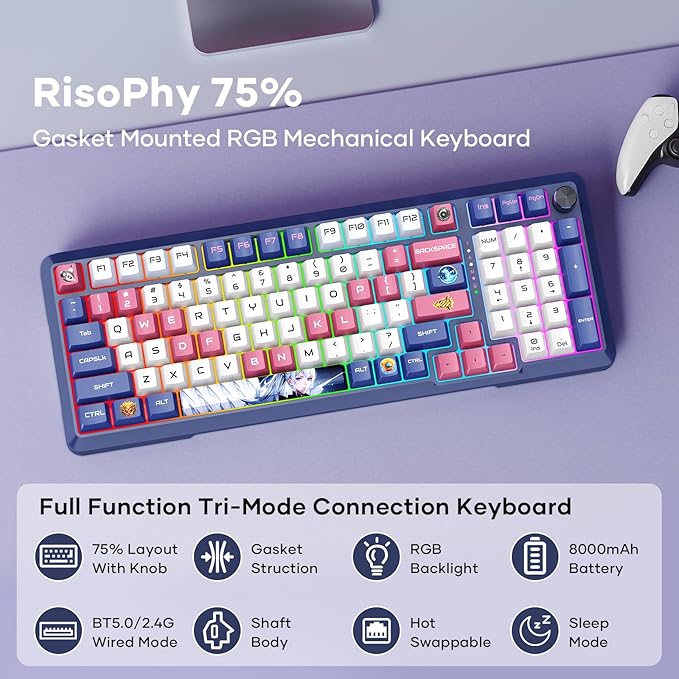 RisoPhy Wireless Mechanical Keyboard, 98 Keys RGB Gasket 2.4GHz/Wired/Bluetooth Keyboard with Custom Hi-Fi Linear Switch, Hot-Swap Socket GamingKeyboard, PBT Keycaps/Knob Control ComputerKeyboard