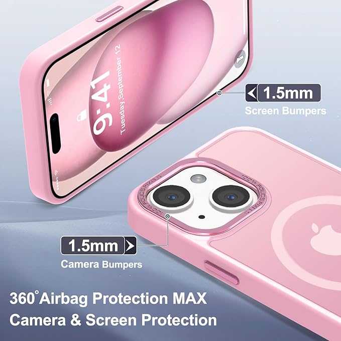 Newfuture Magnetic for iPhone 15 Case [Compatible with Magsafe] [Military Grade Drop Protection] Translucent Matte Anti-Fingerprint Shockproof Phone Case for iPhone 15 6.1 inch, Chalk Pink