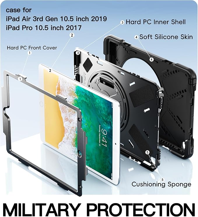 BRAECN Case for iPad Air 3rd Generation 2019 / iPad Pro 10.5 inch 2017, Rugged Heavy Duty Shockproof Cover with Pencil Holder, 360° Rotating Kickstand & Adjustable Hand Strap & Shoulder Strap for Kids