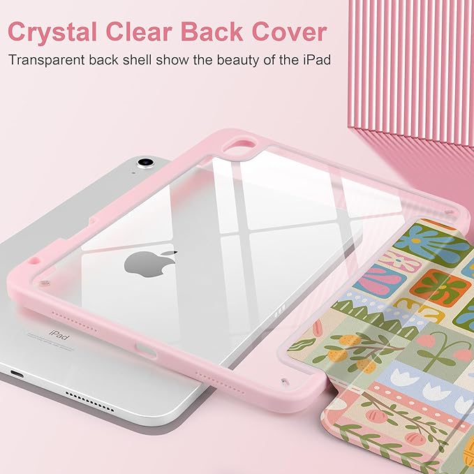 Case for iPad Air 11 inch M4 2026 M3 2025 M2 2024,iPad Air 5th (2022) / 4th (2020) 10.9 Inch Clear Back Shell Lightweight TPU Edge Trifold Stand Auto Wake Sleep Cute Cover, Flower Patchwork