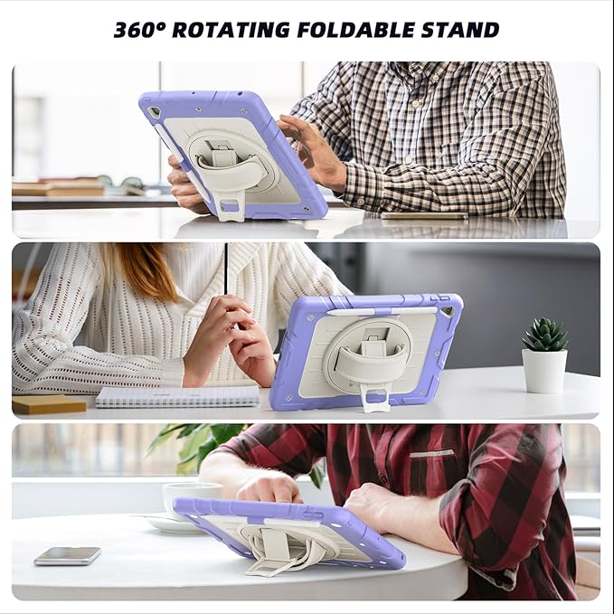 Case for iPad 6th/5th Generation 9.7'' with Screen Protector Pencil Holder [360 Rotating Hand Strap] &Stand, Drop-Proof Case for iPad 6th/5th/ Air 2/ Pro 9.7 (Purple&Beige)