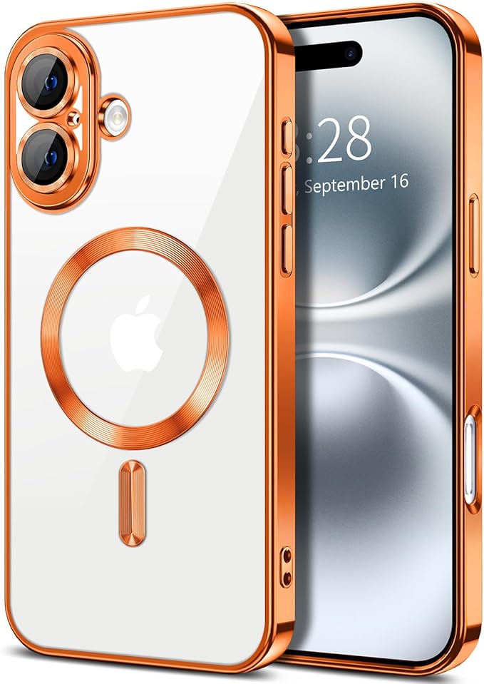 Hython Magnetic Clear for iPhone 16 Case with Camera Lens Protector [Compatible with MagSafe] Luxury Plating Edge Slim Soft TPU Cover Protective Phone Case for iPhone 16 6.1", Orange