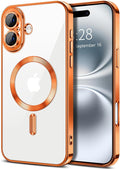 Hython Magnetic Clear for iPhone 16 Case with Camera Lens Protector [Compatible with MagSafe] Luxury Plating Edge Slim Soft TPU Cover Protective Phone Case for iPhone 16 6.1", Orange