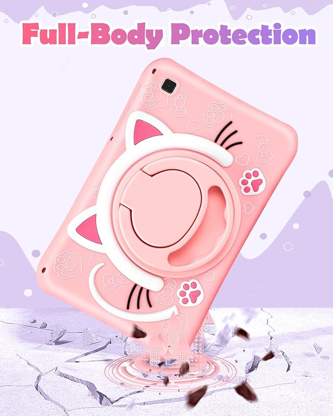 Wazzasoft for Samsung Galaxy Tab S6 Lite 10.4” Case Girls Cute Cat Kawaii Cover Girly 3D Cartoon Women Kitten with Rotating Handle Stand & Strap Soft Silicon Funda for Samsung S6 Lite Tablet Cases
