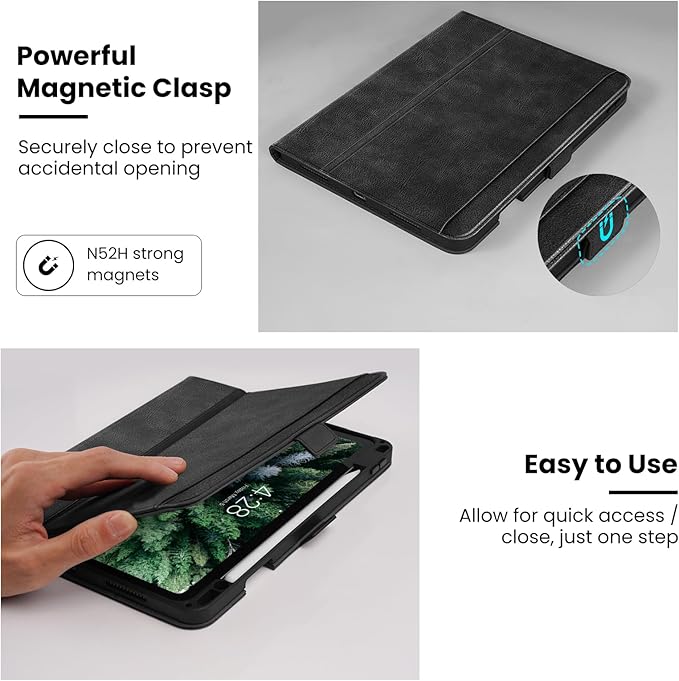 Handmade Case for iPad Pro 11 Inch (M5/M4) 2025/2024 with Pencil Holder Pocket,Magnetic Closure,Auto Sleep/Wake,Vegan Leather Folio Protective Cover,Multi Angles Stand,Black