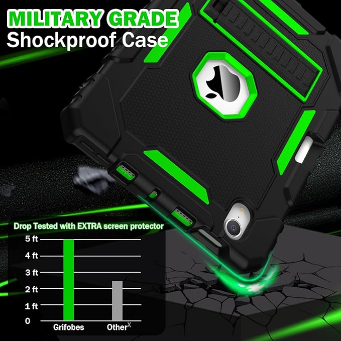 Grifobes Case for iPad mini 7 (A17 Pro) 2024 / Mini 6 2021 8.3 inch, Heavy Duty Shockproof Rugged Cover with Pencil Holder Stand, for I Pad Mini 7th/6th Gen 8.3" Case (Black+Green)