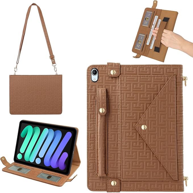 Handbag Case for iPad mini 7 2024/Mini 6th Generation Case, Techcircle Elegant Crossbody PU Leather Folio Envelope Pocket Stand Cover with Hand Strap+Shoulder Strap+Pencil Holder+Card Slots, Brown