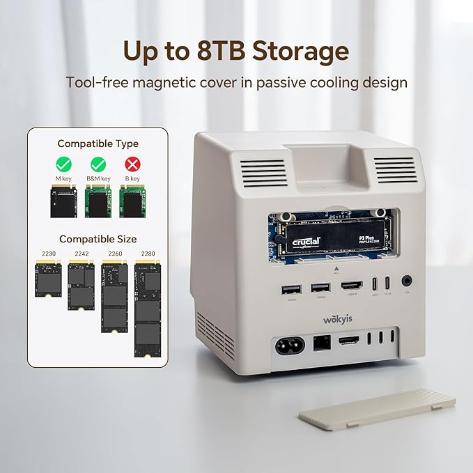 M5 Retro Dock Station for Mac mini M4, 5’inch HD Display, 10Gbps M.2 NVMe SSD Enclosure, SD/Micro SD Reader 4.0, 4*USB-A 1*USB-C 10Gbps, 3.5mm Earphone Jack,