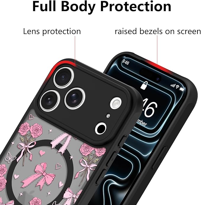 KANGHAR Case Compatible with iPhone 17 Pro Bows Bouquet Pattern [Compatible with Magsafe] Cute Flowers Florals Protective Magnetic Case for Girls Women Men