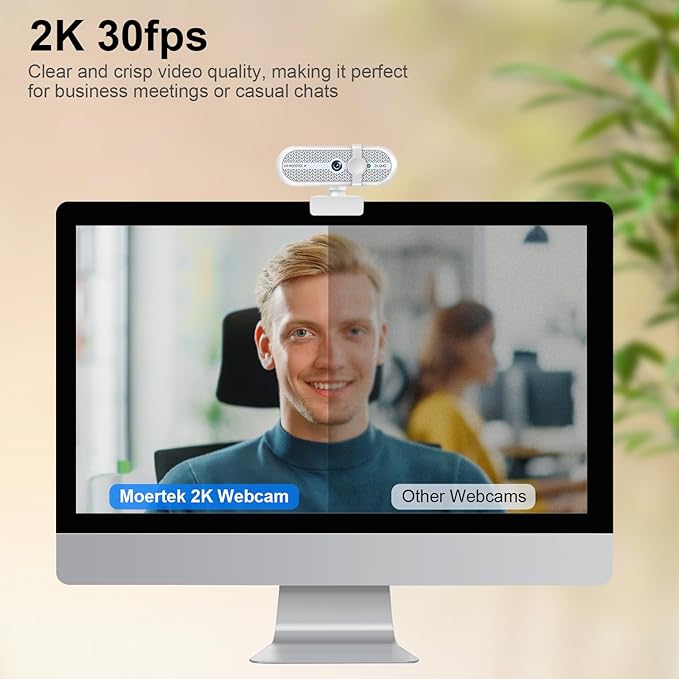 2K Webcam for PC, Webcam with Microphone and Tripod, Auto Light Correction, USB Camera Plug and Play, 90° Wide FOV, Privacy Cover, Works with Skype, Zoom, Meet, Teams, PC, Laptop, Mac, Tablet