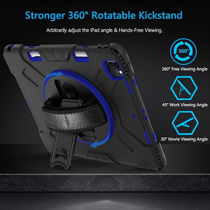 Miesherk Case for iPad Pro 12.9 Inch 6th/5th/4th Generation, Military Grade Heavy Duty Shockproof iPad Pro 12.9 Case - Rotating Stand, Pencil Holder, Hand/Shoulder Strap, Blue+Black