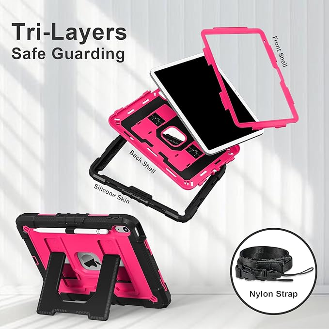 Kids Friendly Case for iPad A16 11th Generation 11 Inch 2025 / iPad 10th Generation 10.9" 2022 Case with Pencil Holder & Shoulder Strap, Hybrid iPad 11 10 Cover Rugged Shockproof Kickstand,Black+Rose