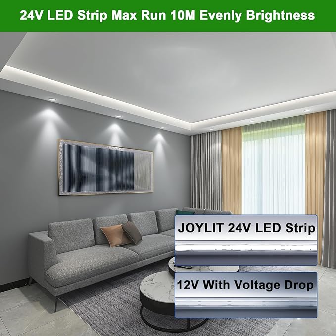 JOLIT 24V COB LED Strip Lights 32.8ft/10M Cool White 6000K 120 Degree Beam Angle, CRI 90+ 384LEDs/M High Density 7650LM Bright Uniform Indoor Adhesive LED Tape Light for Bedroom, Living Room, Office